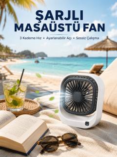 Şarjlı Masaüstü Fan 3 Kademeli Hız Ayarlı Güçlü Hava Akışı