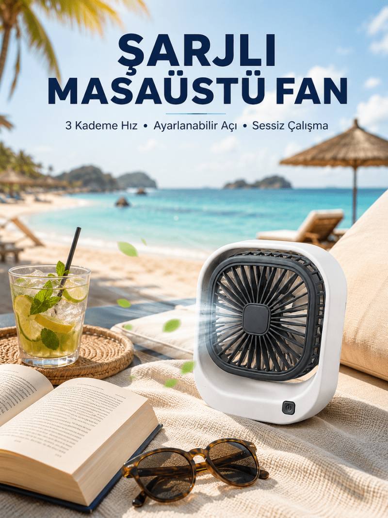 Şarjlı Masaüstü Fan 3 Kademeli Hız Ayarlı Güçlü Hava Akışı