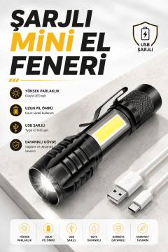 El Feneri Led USB Şarjlı Zoom Mini Led Işık Acil Durum Feneri