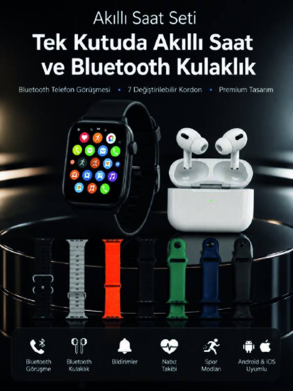 7 Kordonlu Akıllı Saat ve Bluetooth Kulaklık Seti Nabız Takibi, Bildirimler ve Spor Modları