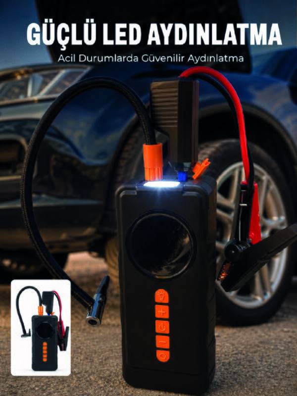 10000mAh Şarjlı Araç Kompresörü Akü Takviye Cihazı Powerbank Özellikli Dijital Lastik Şişirme Pompası