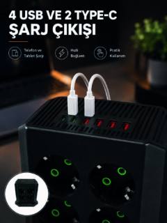 8'li Dikey Çoklu Priz 4 USB 2 Type-C Akım Korumalı Anahtarlı Priz