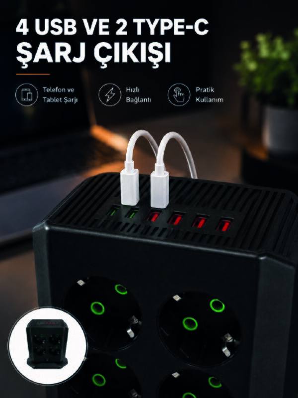 8'li Dikey Çoklu Priz 4 USB 2 Type-C Akım Korumalı Anahtarlı Priz