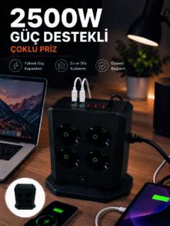Çoklu Priz 8 Çıkışlı 4 USB 2 Type-C Anahtarlı Dikey Priz Kulesi