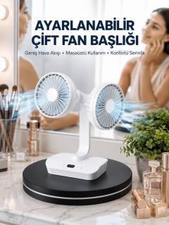 Ayarlanabilir Hızlı Çift Başlıklı Masaüstü Fan – Gece Lambalı Serinletici