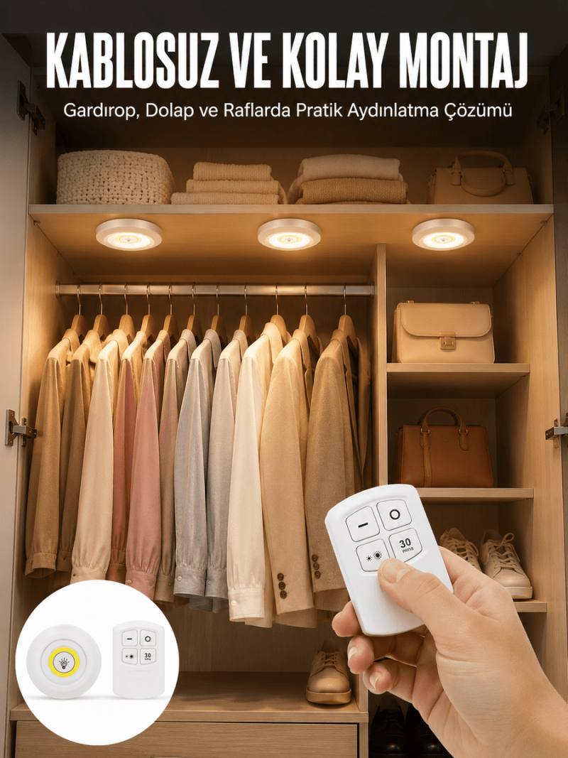 Led Lamba 3'lü Uzaktan Kumandalı Yapışkanlı Beyaz Işık