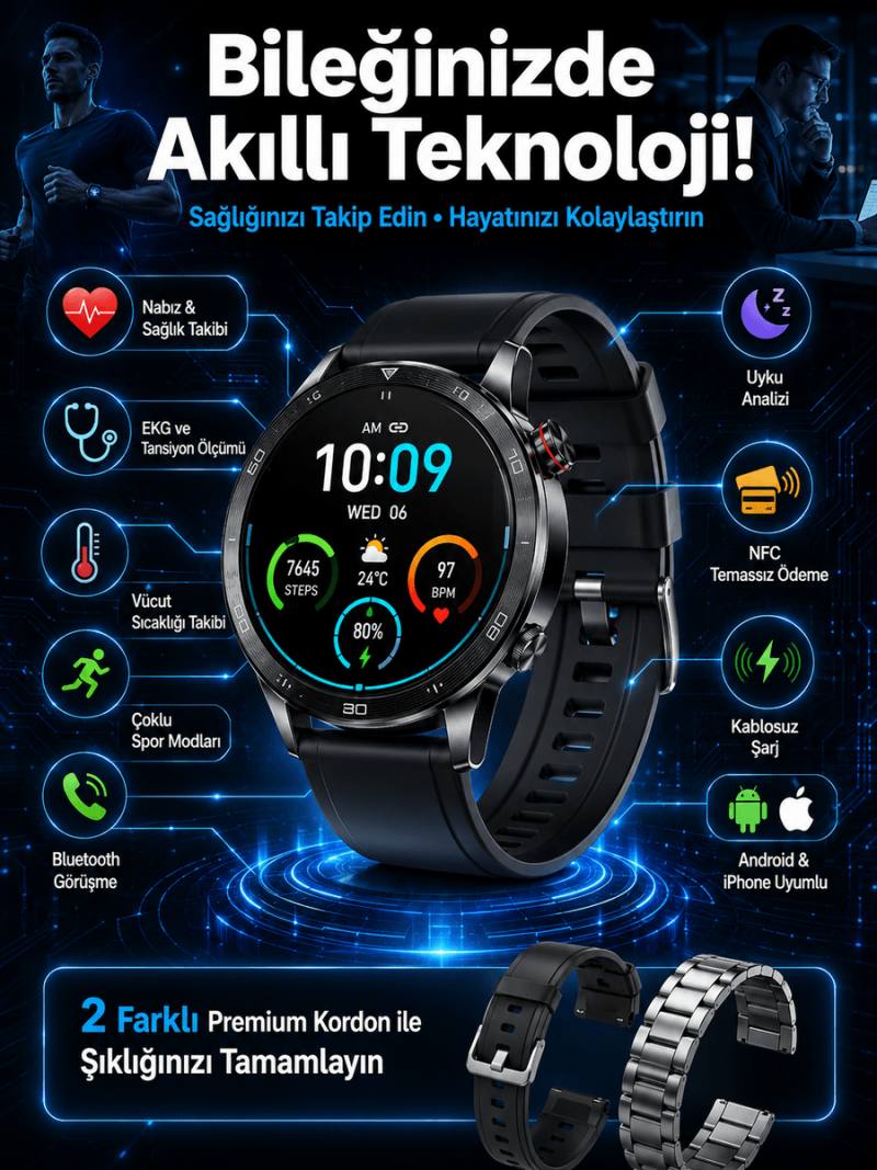 Çift Kordonlu Yüksek Çözünürlüklü Akıllı Saat Uyku İzleyici & Spor Modları