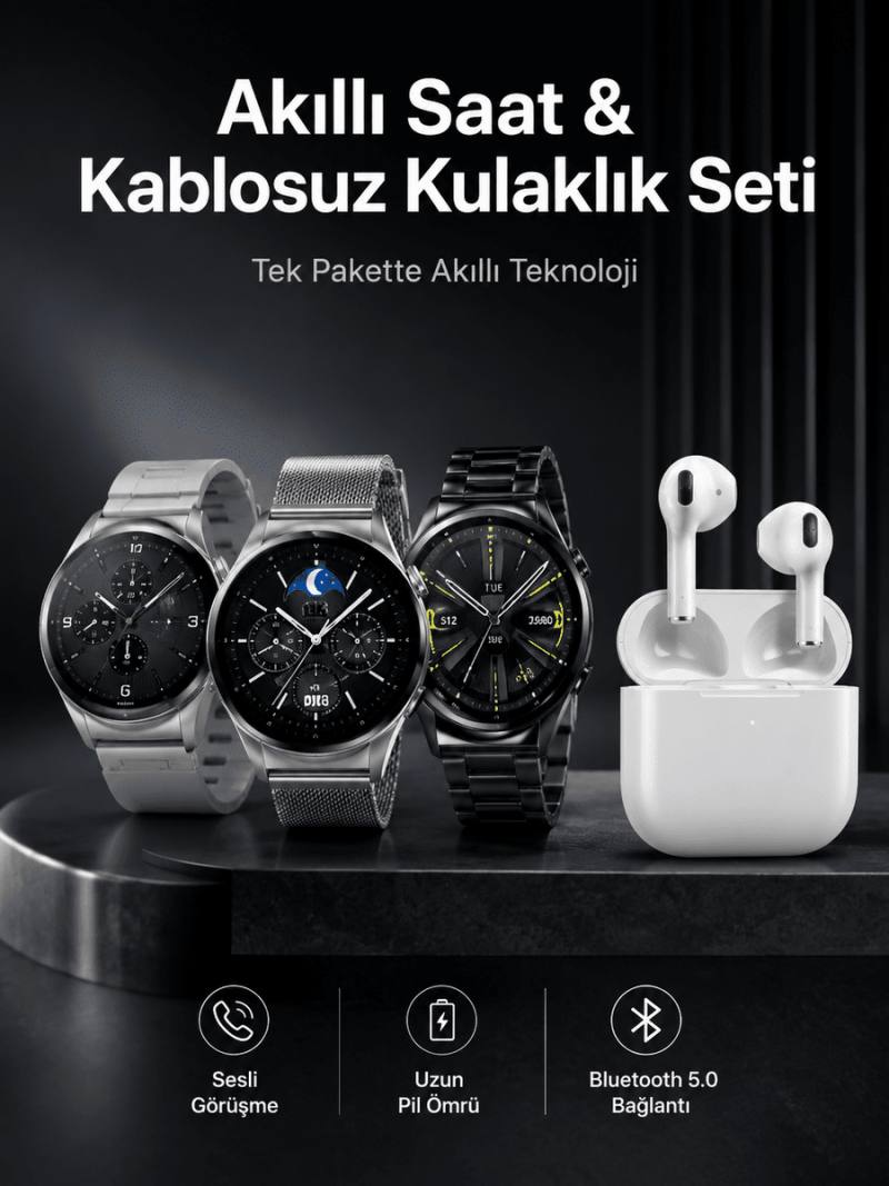 Akıllı Saat ve Kulaklık Seti Dokunmatik Ekran 5.0 Bluetooth Bağlantılı Sesli Görüşme