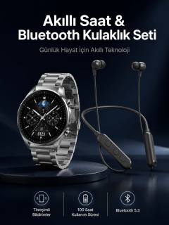 Alarm ve Titreşim Özellikli Akıllı Saat ve Mikrofonlu Kablolu Bluetooth Kulaklık 60 Saat