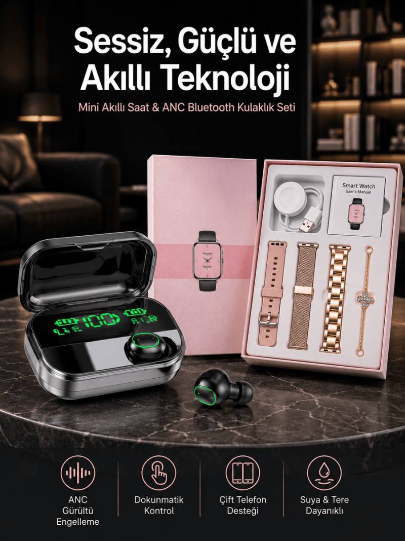 Yeni Nesil Kaliteli Akıllı Saat ve Kablosuz Bluetooth Kulaklık Yüksek Ses Kaliteli Yeni Nesil