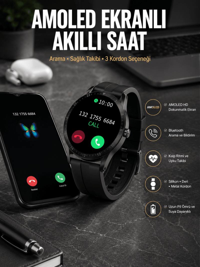 Akıllı Saat Amoled Ekran 3 Kordonlu NFC Ve GPS Uyumlu