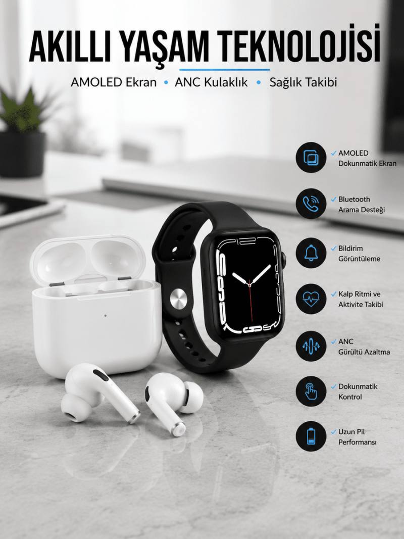 2025 Model Akıllı Saat ve Yeni Nesil Pro Bluetooth Kulaklık TWS Yüksek Ses Kaliteli