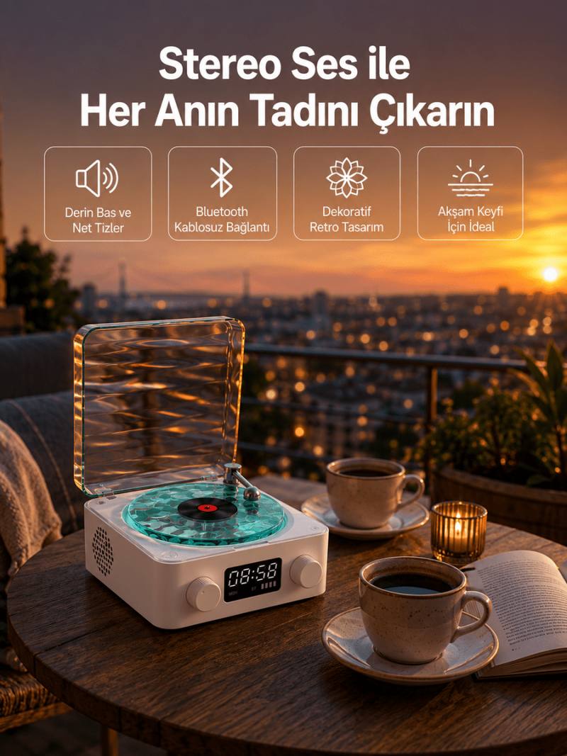 3-1 Kablosuz Bluetooth Hoparlör – Gece Lambalı, Saatli, Retro Tasarım