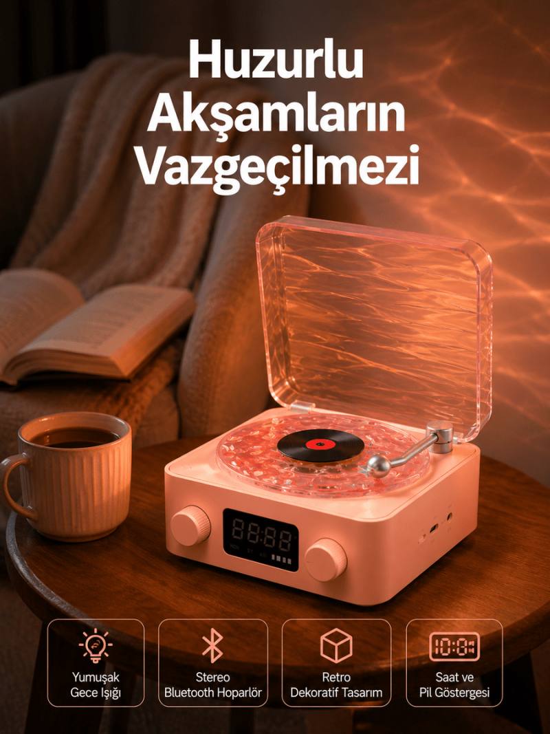 Vintage Tarz Bluetooth Hoparlör – Gece Işığı ve Zaman Göstergeli Yeni Nesil