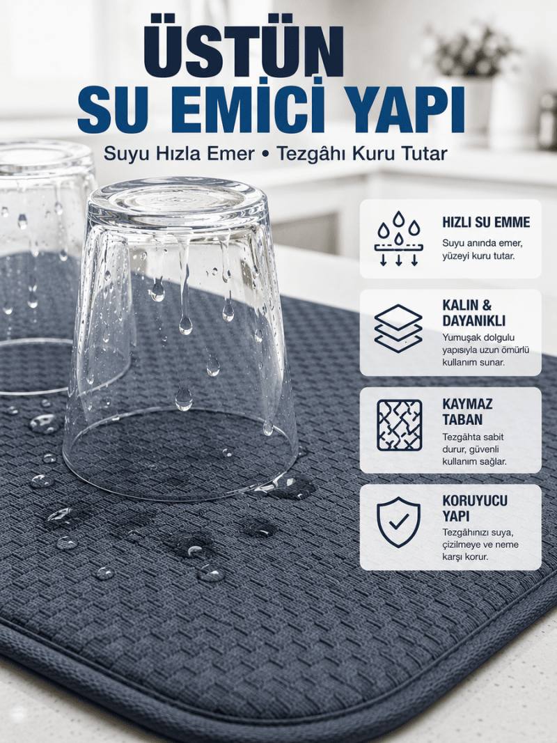 Katlanabilir Bulaşık Kurutma Matı Hızlı Kuruyan Su Emici Mutfak Matı