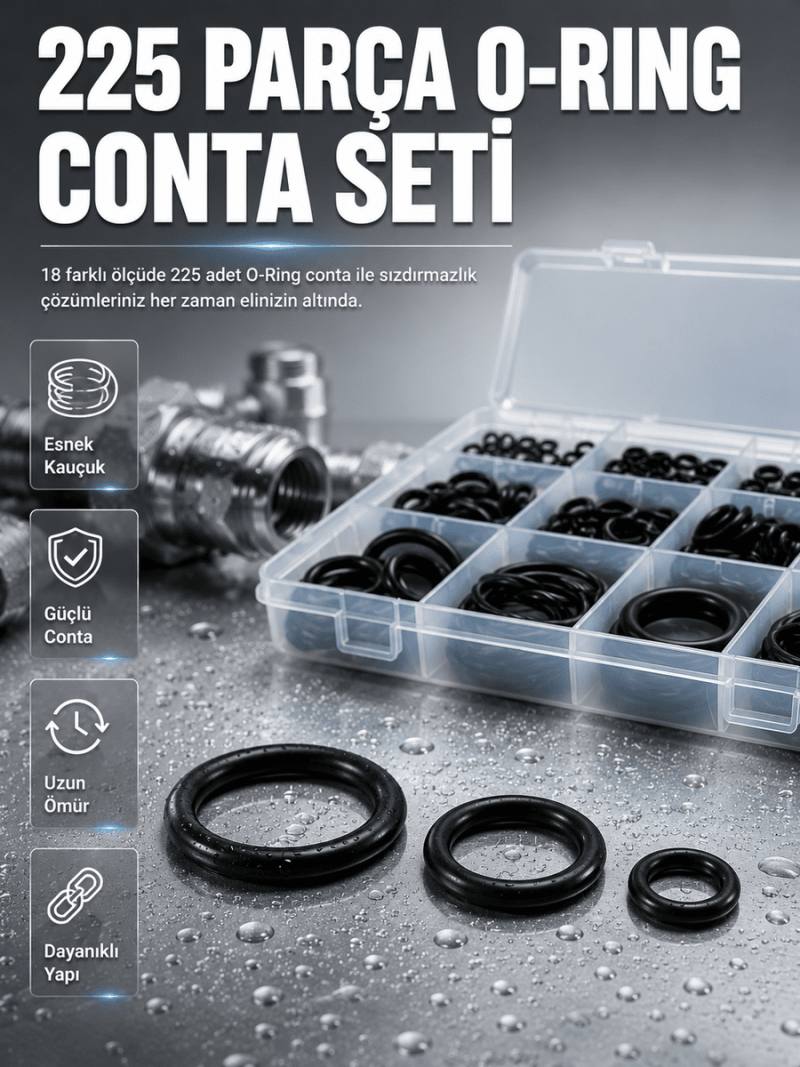 Organizer Kutulu O-Ring Conta Seti 225 Parça | Dayanıklı Kauçuk Sızdırmazlık Contaları