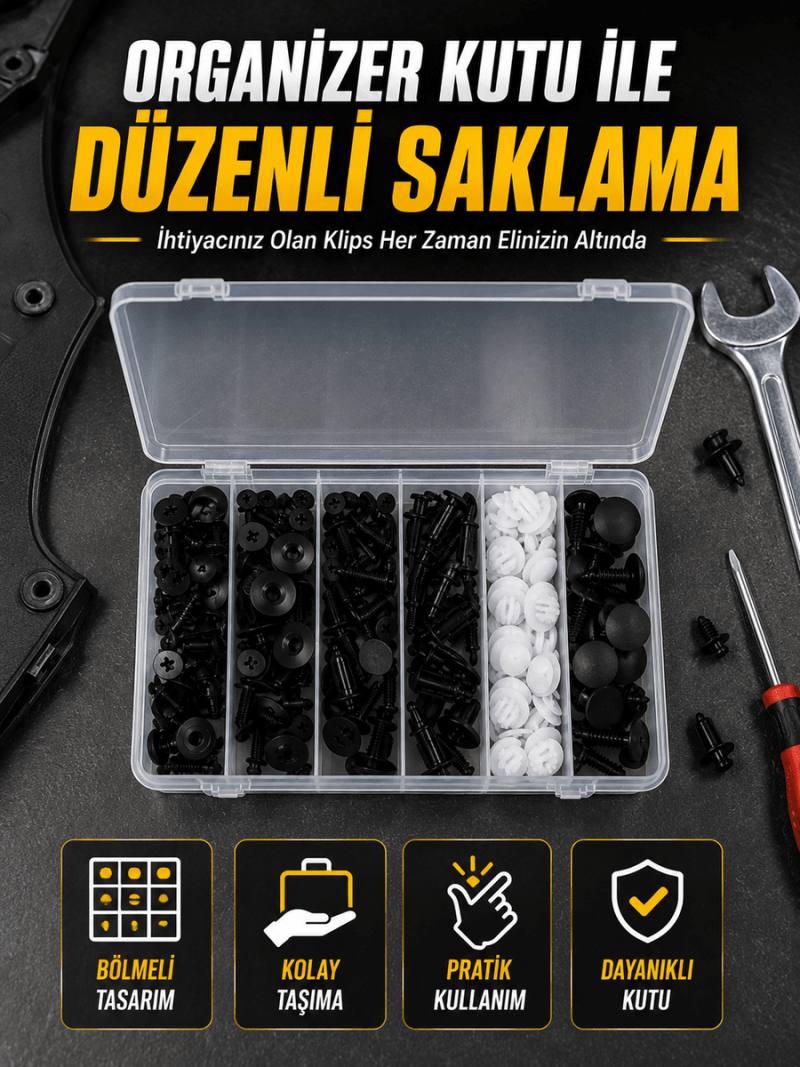 Profesyonel Oto Klips Tamir Seti 6 Farklı Model Plastik Sabitleme Pimi Organizer Kutulu