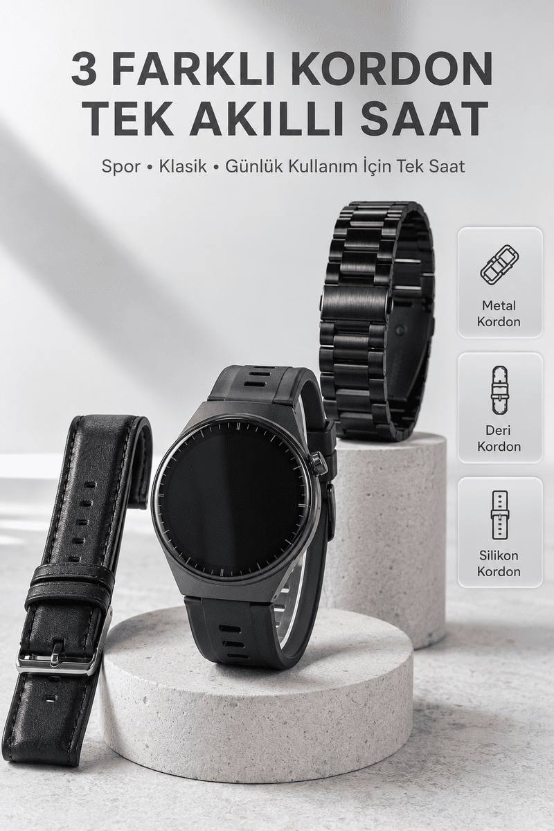 Yeni Nesil Akıllı Saat Bluetooth Görüşme, Sağlık Takibi, AMOLED Ekran ve 3 Kordon Seti
