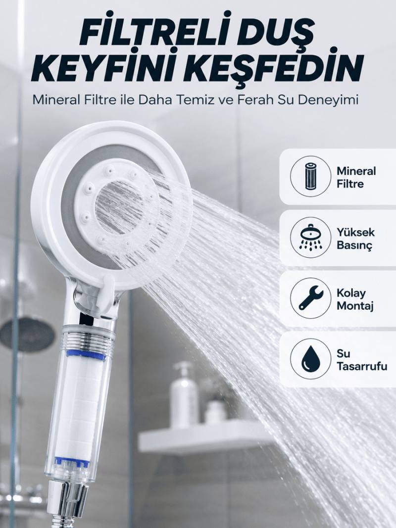 Şeffaf Filtre Hazneli Duş Başlığı Güçlü Akışlı Pratik Banyo Duşu