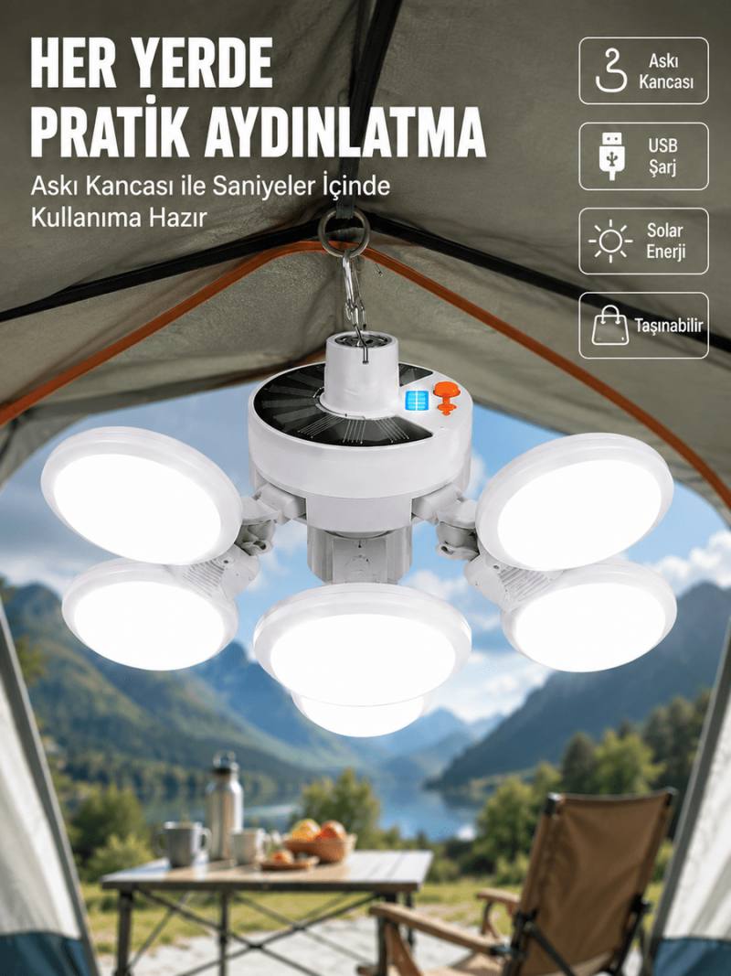 USB ve Solar Şarjlı Katlanabilir 5 Taraflı LED Lamba