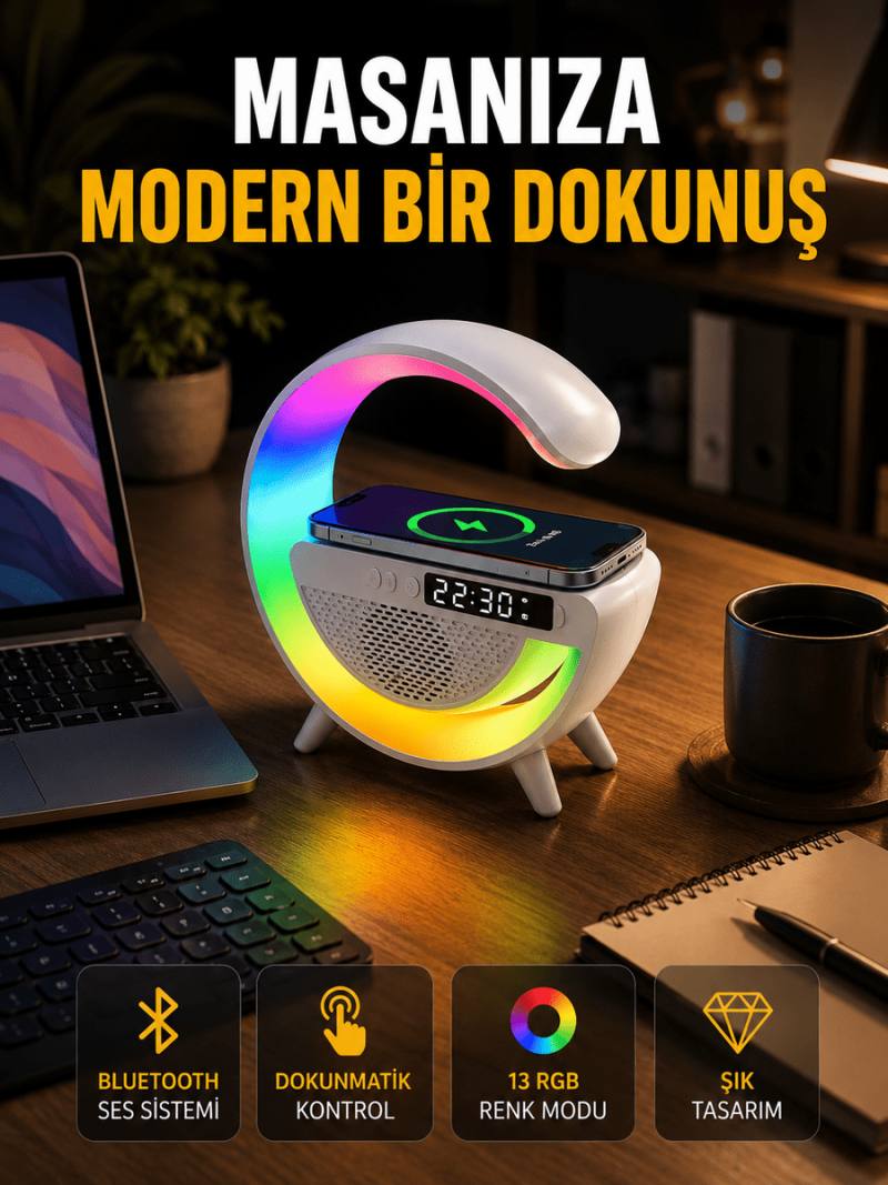 13 Renk Seçenekli Kablosuz Şarj Cihazlı LED Lamba
