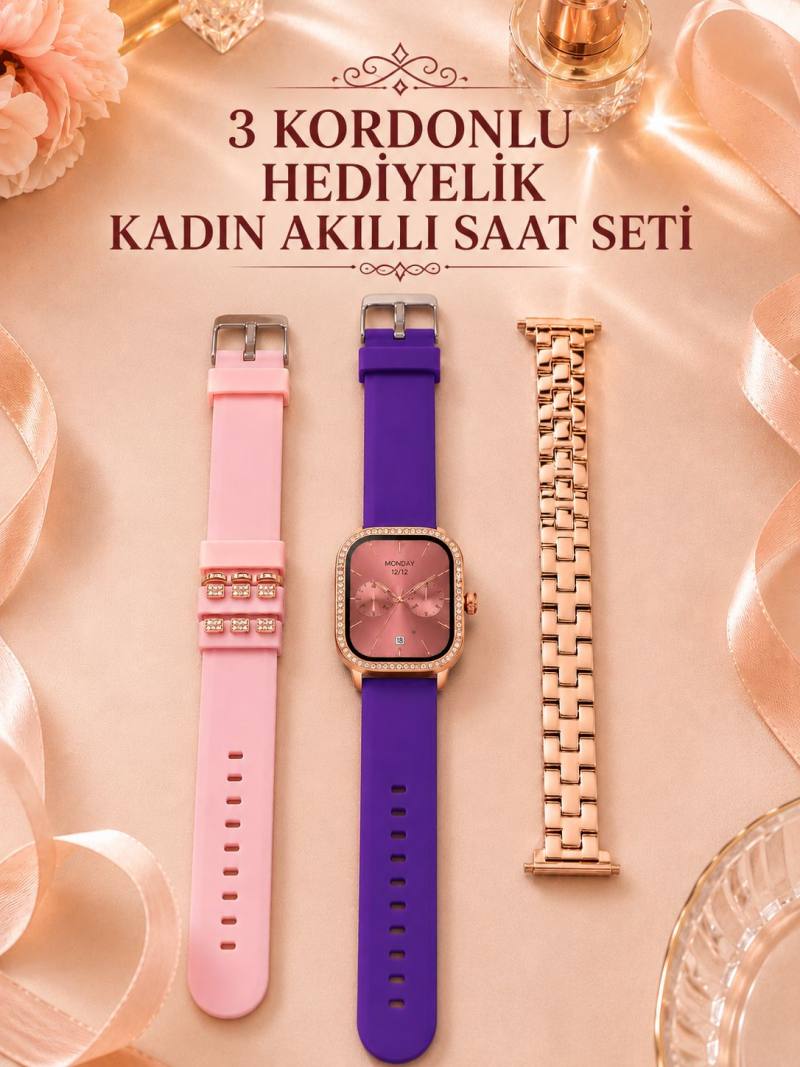 3 Kordonlu Rose Gold Kasalı Kadın Akıllı Saat Seti