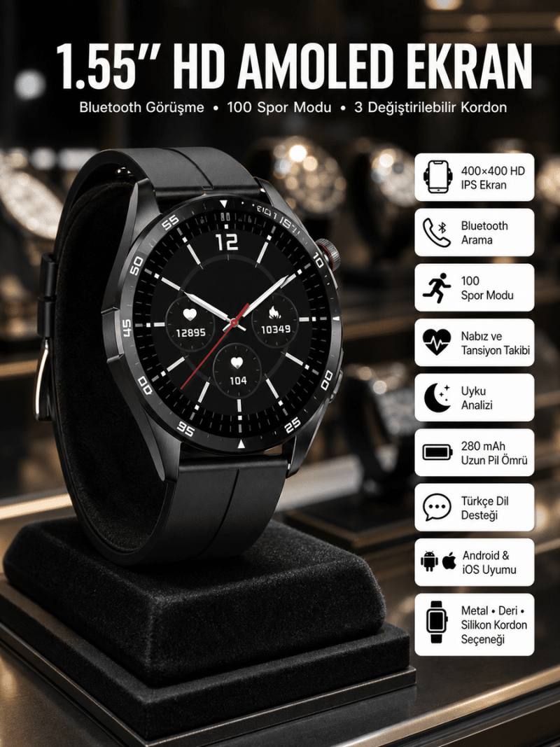Amoled Ekran 3 Kordonlu Akıllı Saat 5.0 Bluetooth Bağlantılı Android ve İOS Uyumlu