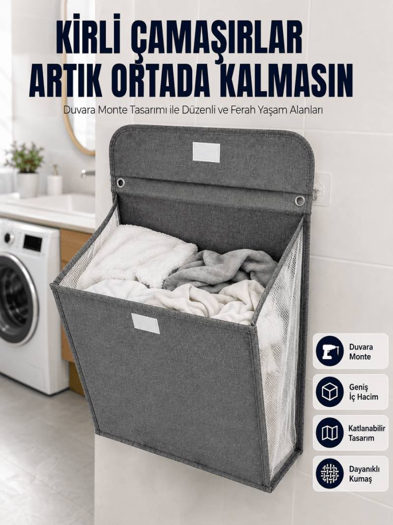 Banyo ve Çamaşır Odası İçin Duvara Asılan Katlanabilir Çamaşır Sepeti