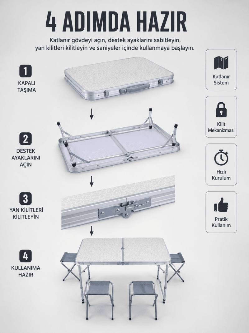 Valiz Tipi Katlanabilir Piknik Masası 4 Tabureli Taşınabilir Kamp Masası