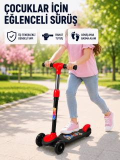Çocuk Scooterı 3 Tekerlekli Denge Destekli Ayarlanabilir Gidonlu Çocuk Skuteri