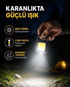 Şarjlı COB LED Anahtarlık Fener – 4 Modlu, Manyetik ve Katlanabilir Standlı Yeni Nesil