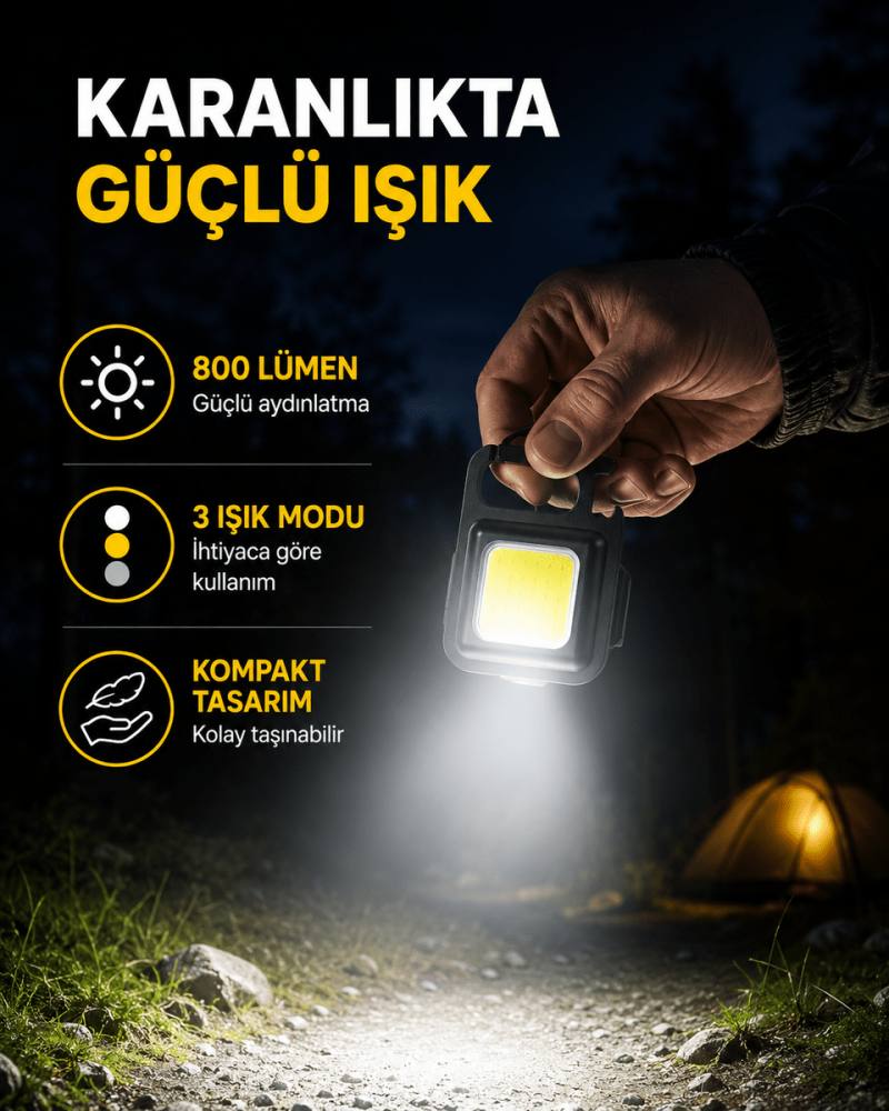 Şarjlı COB LED Anahtarlık Fener – 4 Modlu, Manyetik ve Katlanabilir Standlı Yeni Nesil