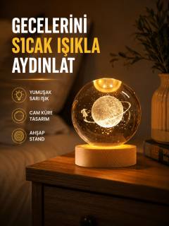 Ahşap Standlı Sarı Işıklı Dekoratif Küre Kız Figürü Tasarım