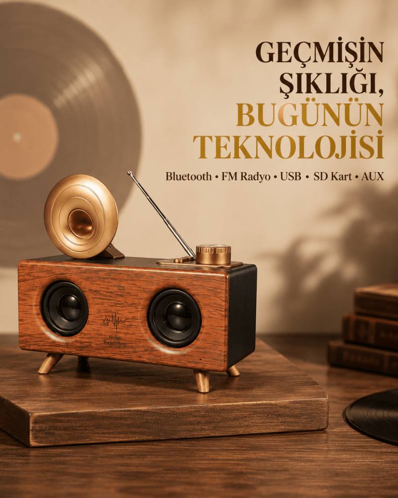 Çift Hoparlörlü Retro Bluetooth Speaker 1800mAh Bataryalı AUX USB SD Kartlı