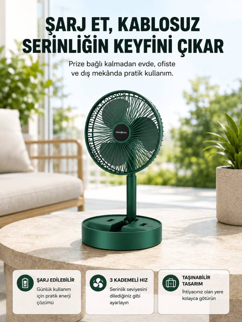 Katlanabilir Şarjlı Mini Fan 3 Kademeli Hız Ayarlı Taşınabilir