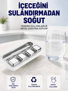 Paslanmaz Çelikten Üretilmiş Metal Buz Küpü Seti ve Buz Klipsi