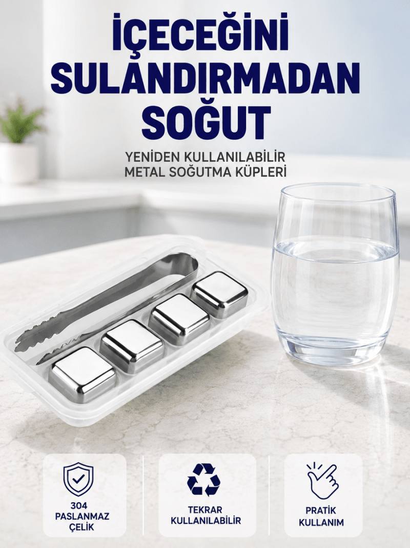 Paslanmaz Çelikten Üretilmiş Metal Buz Küpü Seti ve Buz Klipsi