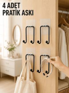 4 Adet Yapışkanlı Duvar Askısı Çok Amaçlı Pratik Askılık Seti