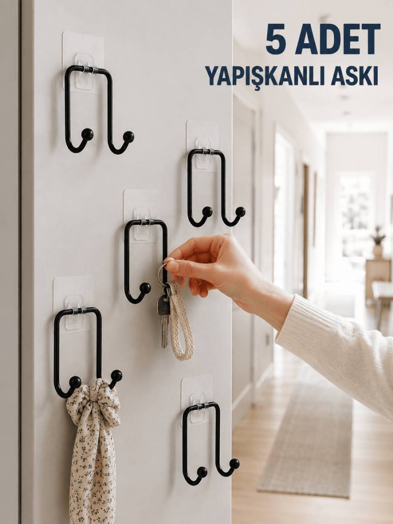 5 Adet Yapışkanlı Duvar Askısı Çok Amaçlı Pratik Askılık Seti