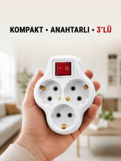 Anahtarlı 3’lü Priz Çoğaltıcı Kablosuz Duvar Tipi Topraklı Priz Çoklayıcı