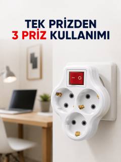 Tek Prizi 3’lü Yapan Anahtarlı Priz Adaptörü Topraklı Priz Çoğaltıcı