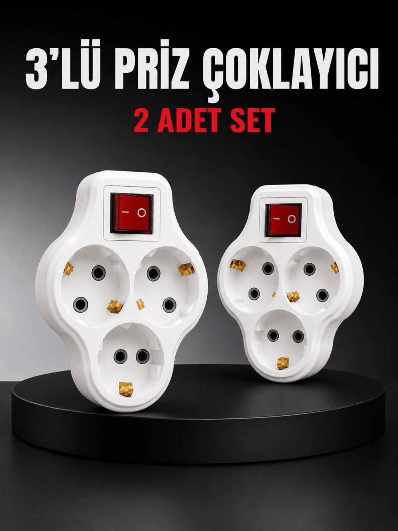 3’lü Priz Çoklayıcı 2 Adet Set Anahtarlı Kablosuz Duvar Tipi Priz Çoğaltıcı