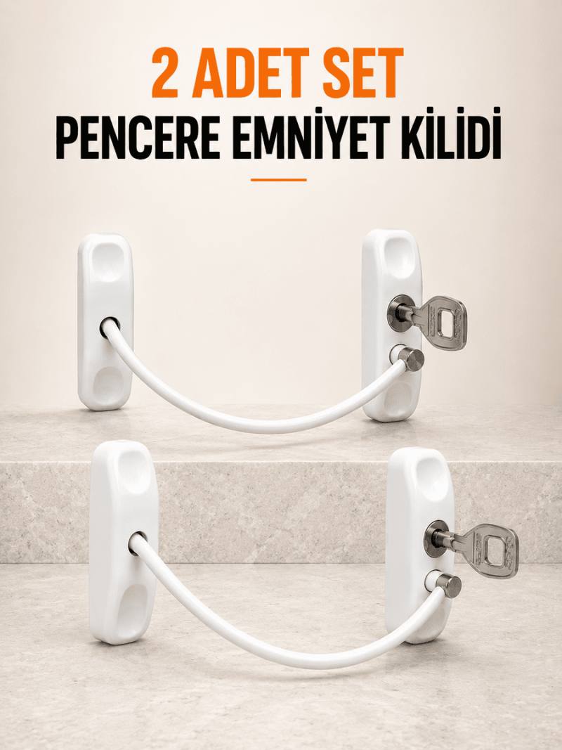 Pencere Emniyet Kilidi 2 Adet Set Kablolu Anahtarlı Pencere Açılma Sınırlayıcı