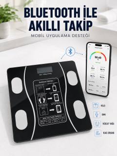 Akıllı Cam Baskül Bluetooth Mobil Uygulamalı Vücut Analiz Tartısı 180 Kg LCD Ekran