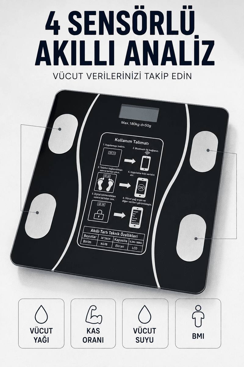Bluetooth Akıllı Tartı 180 Kg Kapasiteli Vücut Yağ Kas Su BMI Analizli Cam Baskül