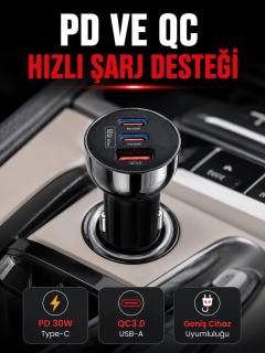 3 Portlu Araç İçi Şarj Adaptörü Çift PD Type-C ve QC3.0 USB Çıkışlı