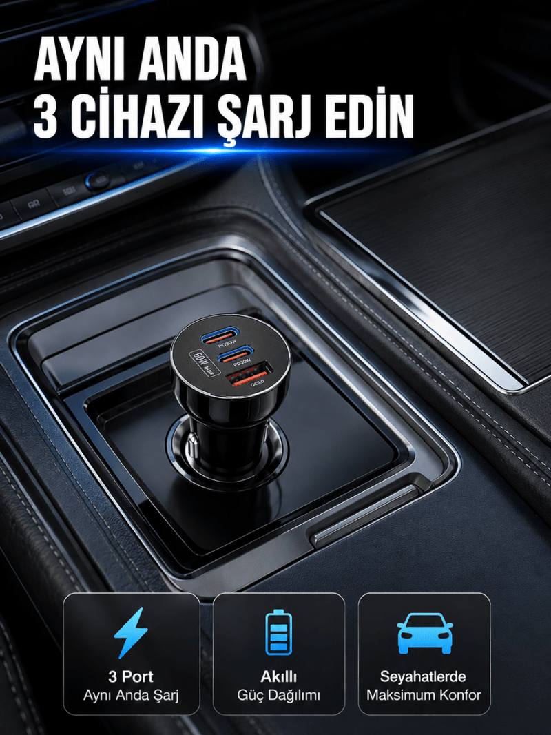 12V 24V Uyumlu 60W Araç İçi Şarj Adaptörü Çoklu Hızlı Şarj Cihazı