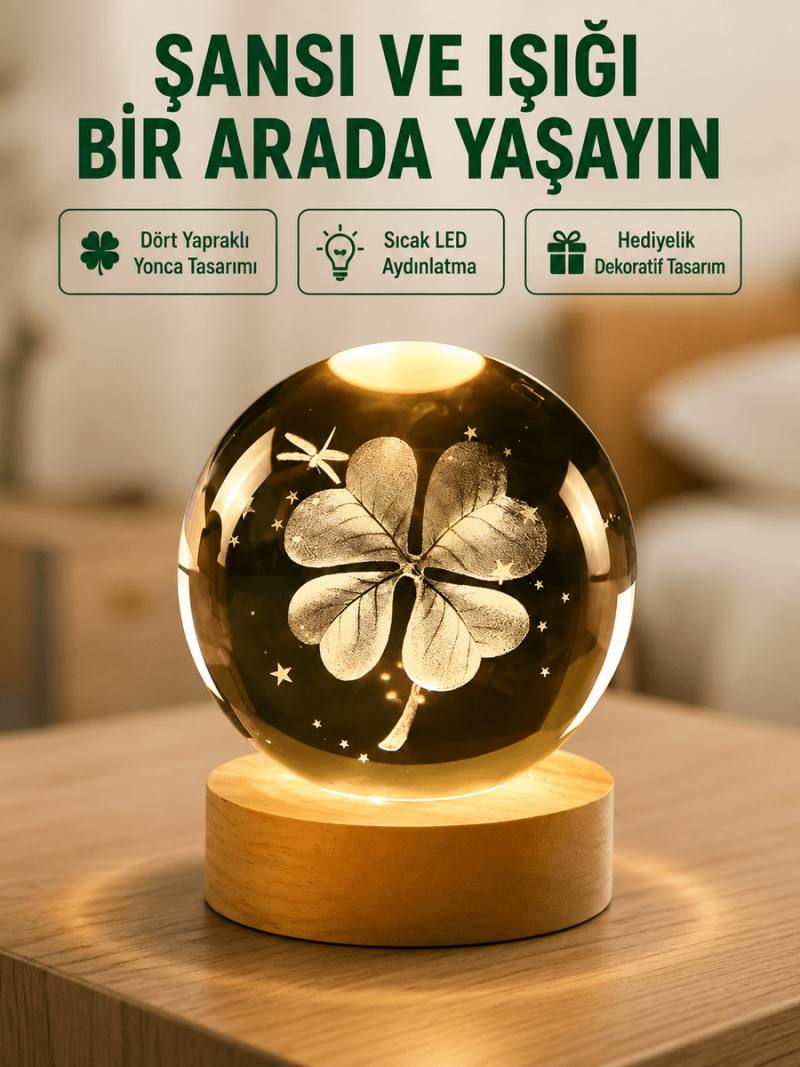 Yonca Figürlü Cam Küre USB Işıklı Ahşap Tabanlı Dekoratif Masa Lambası