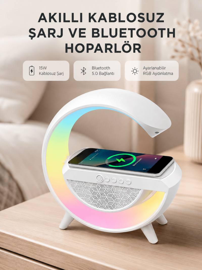 Kablosuz Şarjlı Bluetooth Hoparlör ve Gece Lambası – NFC, FM Radyo, RGB Işık