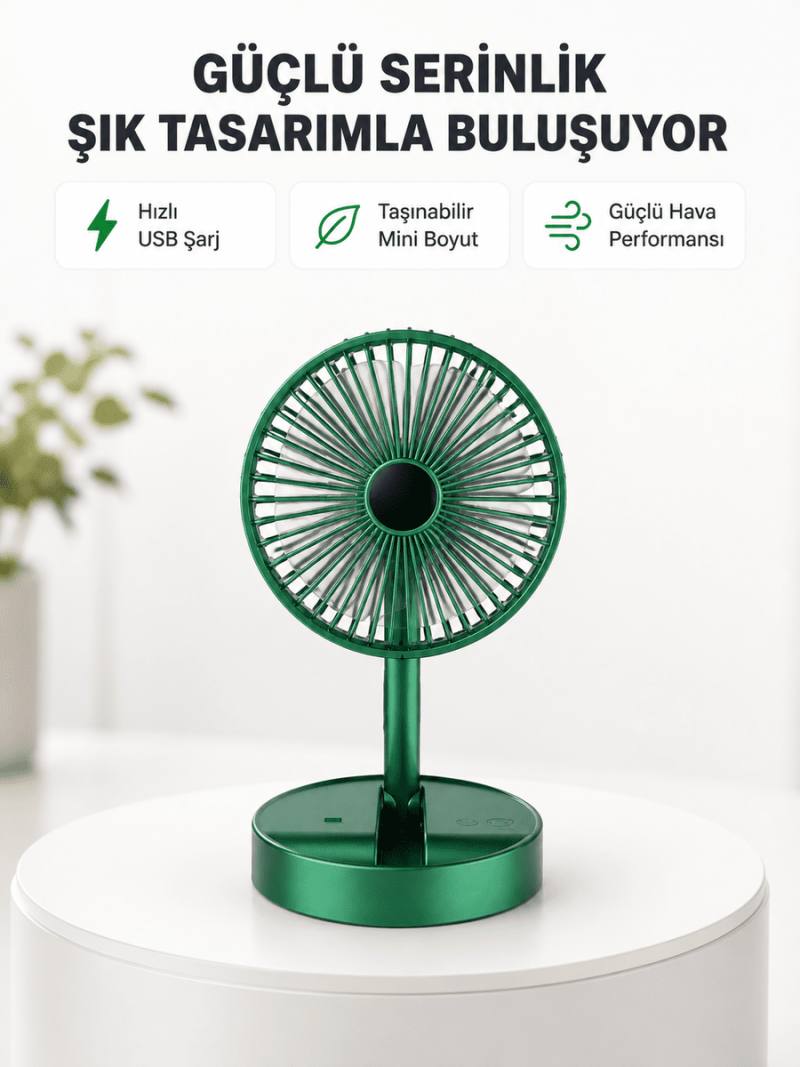 Katlanabilir Mini Fan – 3 Kademeli Soğutma, Şarjlı